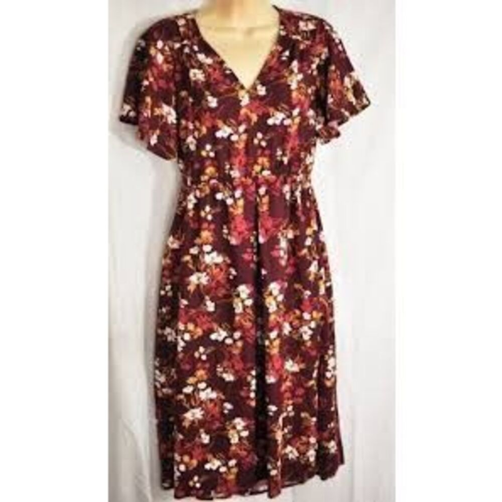 Isabel Maternity Size M Short Sleeve Midi Dress Burgundy Floral Garden Party NWT